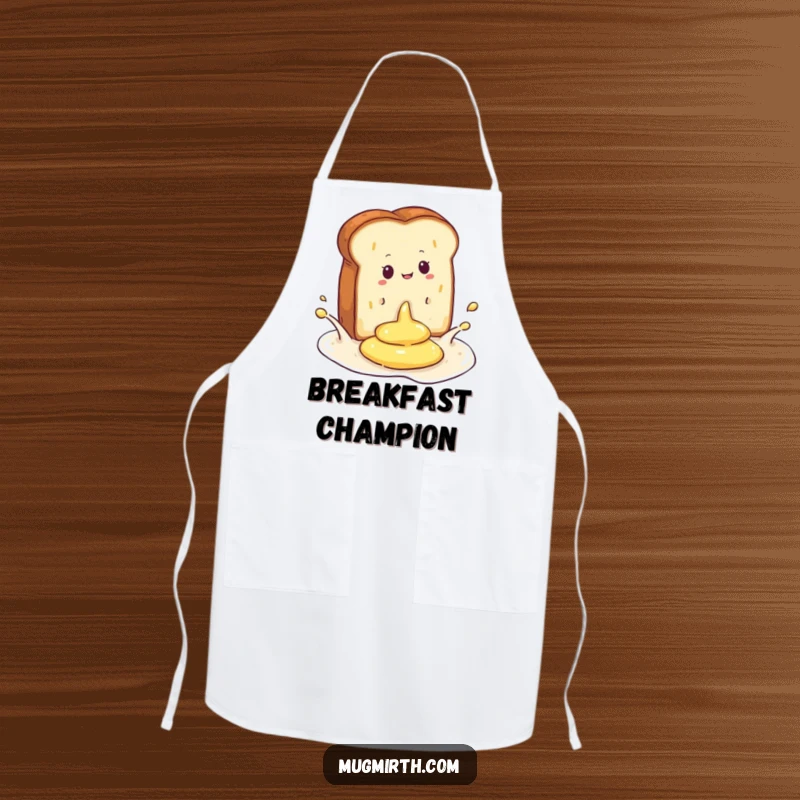 Funny apron featuring a comical illustration of toast splashing into a pool of butter, ideal for kitchen fun.