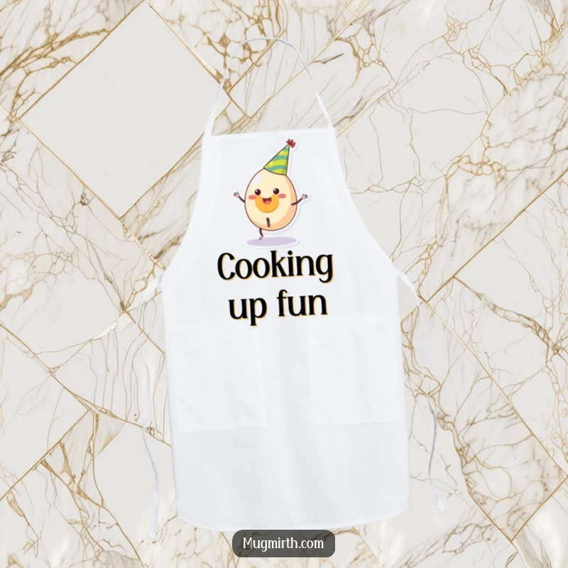 Funny apron depicting a smiling egg in a party hat attempting a cartwheel, adding humor to kitchen tasks, a gift.