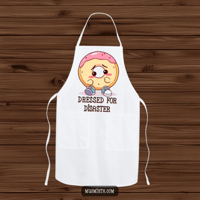 Funny Confused Donut Apron: A chef's apron showing a donut looking utterly baffled, attempting to put on a pair of tiny shoes.