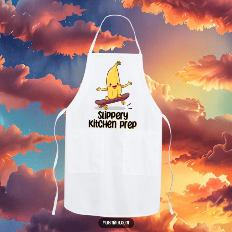 Funny banana peel apron, a grinning peel poised to trip a skateboard, ideal for chefs and home cooks.