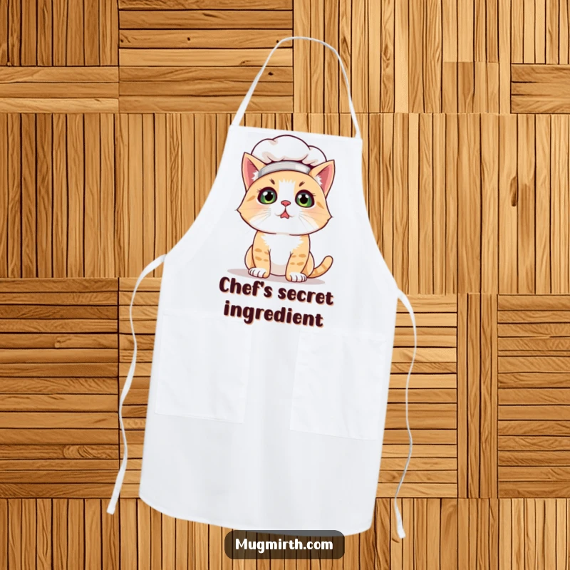 Funny cat chef apron showing a bewildered cat in a chef hat, dusted with flour. Humorous protection for messy cooks.
