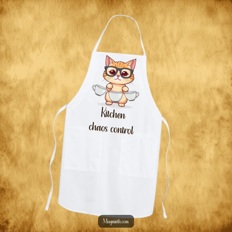 Funny cat apron, sporting glasses, attempting to juggle three teacups, a comical and practical accessory for the kitchen.