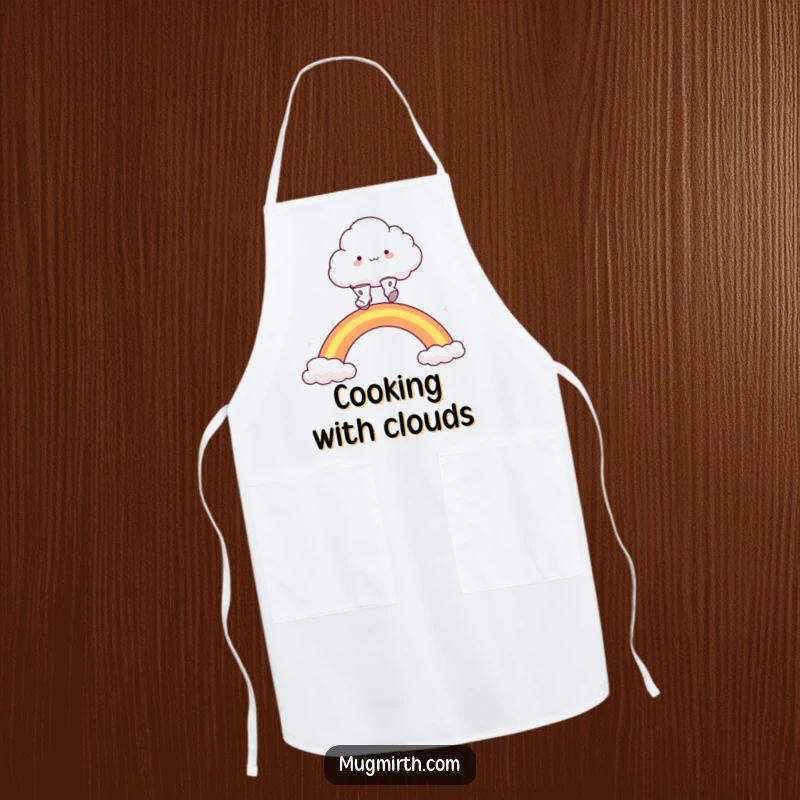 Funny fluffy cloud wearing boots, leaping over a rainbow, ideal for kitchen protection. A practical and funny apron.