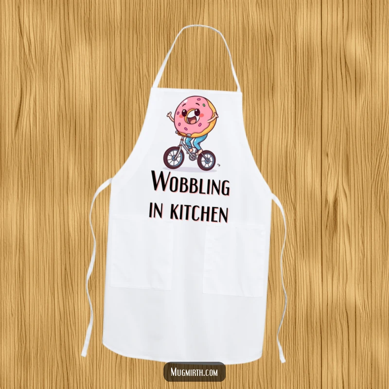 Funny donut apron, a sweet character wobbling on a unicycle, ideal for chefs and home cooks.