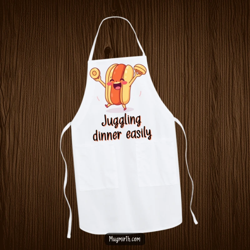 Funny Happy Hot Dog Apron: A chef's apron showcasing a happy hot dog skillfully juggling its own bun with a cheerful, energetic expression.