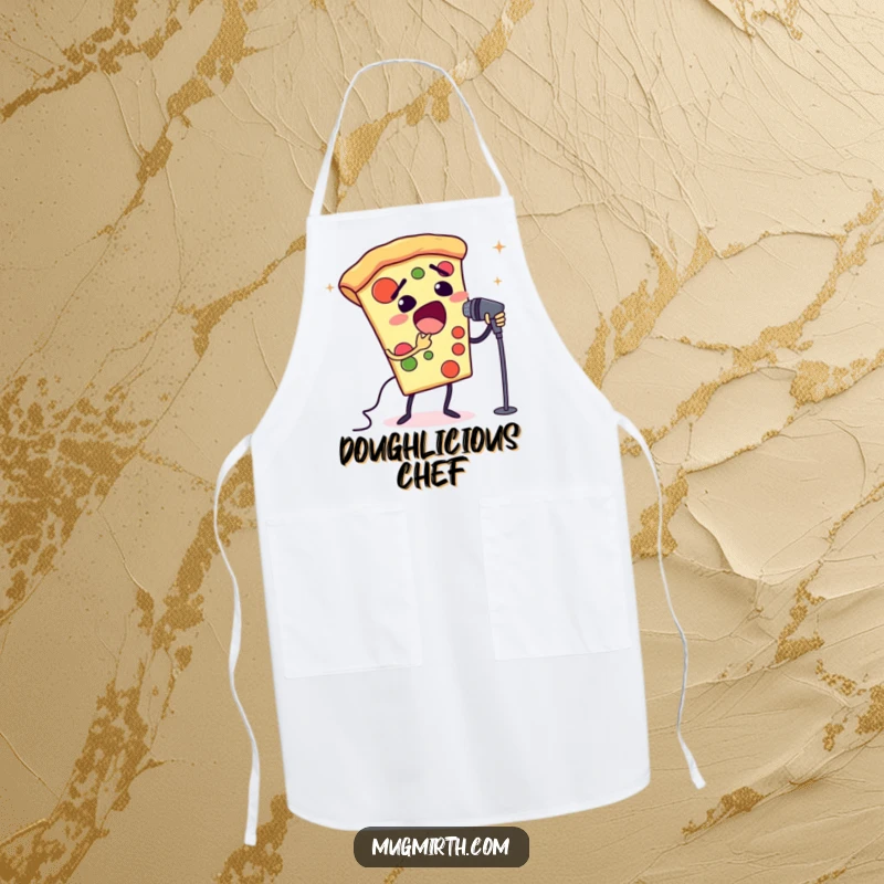 Funny opera pizza apron showing a slice of pizza singing opera into a microphone. Humorous kitchen protection.