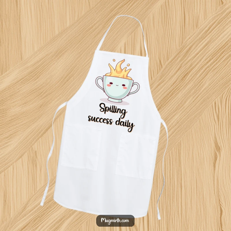 Funny Apron: Kitchen wear with a smugly grinning teacup that is humorously overflowing.