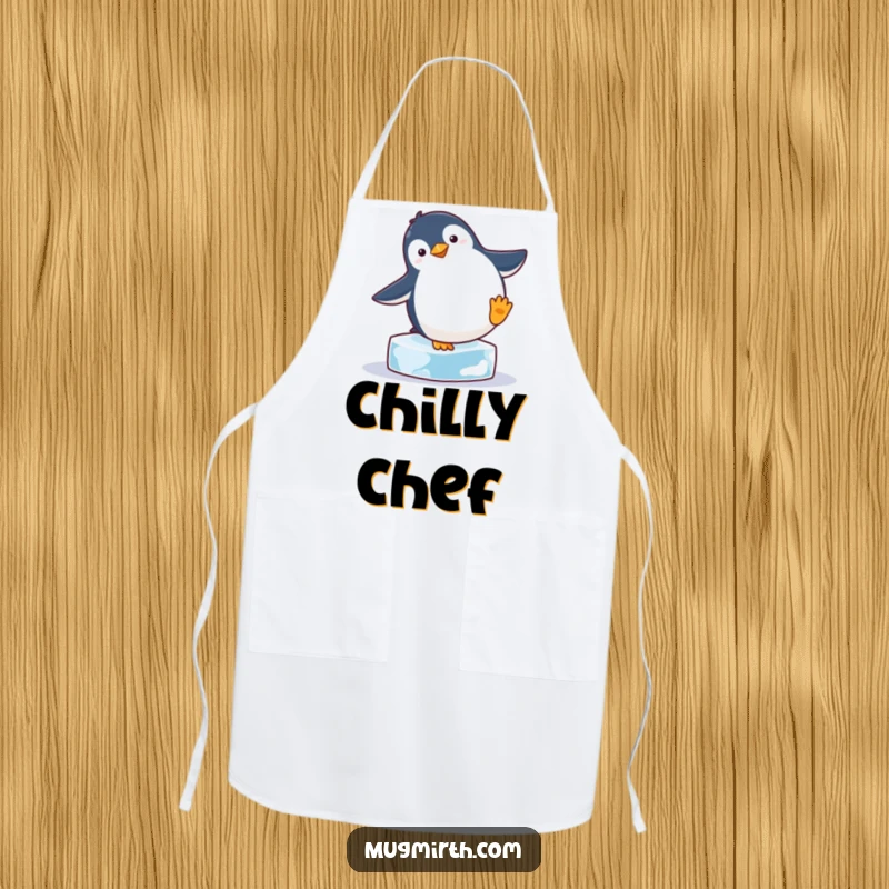 Funny penguin attempting to handstand on an ice cube, providing humorous protection for kitchen activities and culinary adventures.