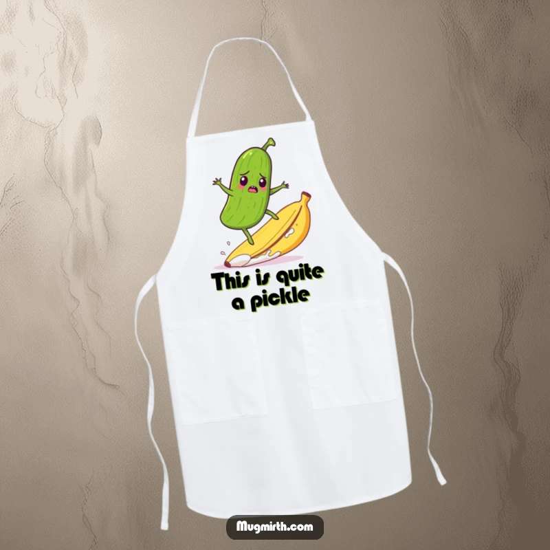 Funny apron showcasing a startled pickle humorously surfing a runaway banana peel, making kitchen tasks funny.