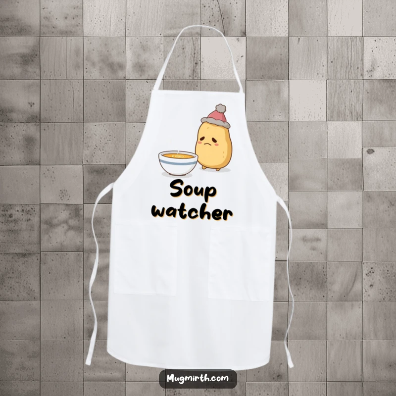Funny Sad Potato Apron: Chef's apron with a sad potato in a hat, wistfully eyeing a steaming bowl of soup.