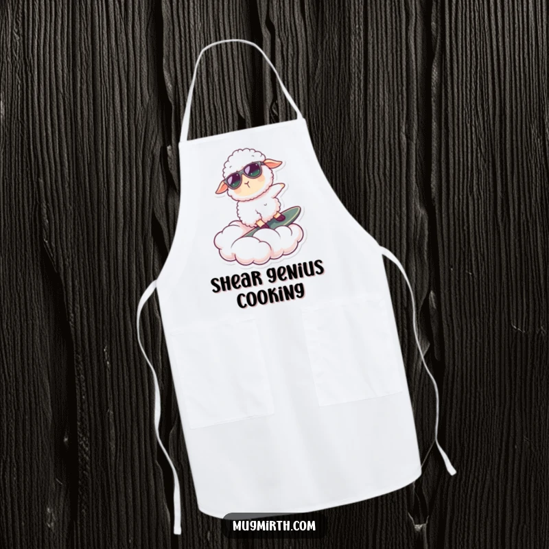 Funny apron illustration of a cool sheep wearing sunglasses, surfing a cloud; a humorous and practical kitchen accessory.