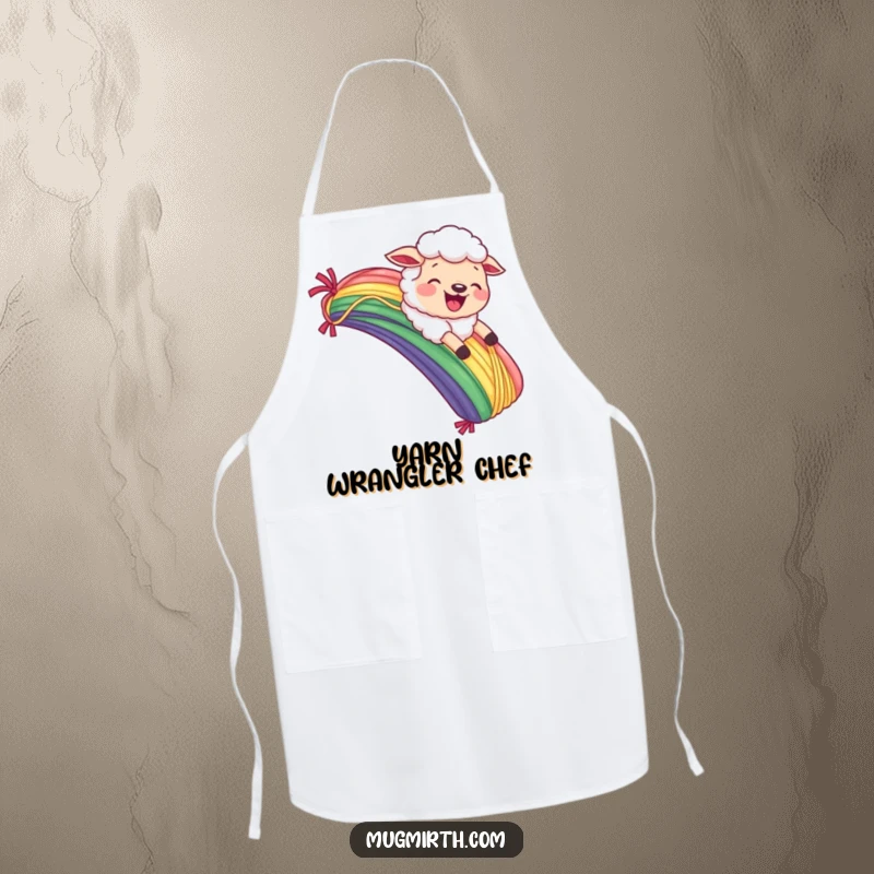 Funny Sheep Apron: Chef's apron with a joyful sheep sliding down a yarn rainbow with a comical grimace.