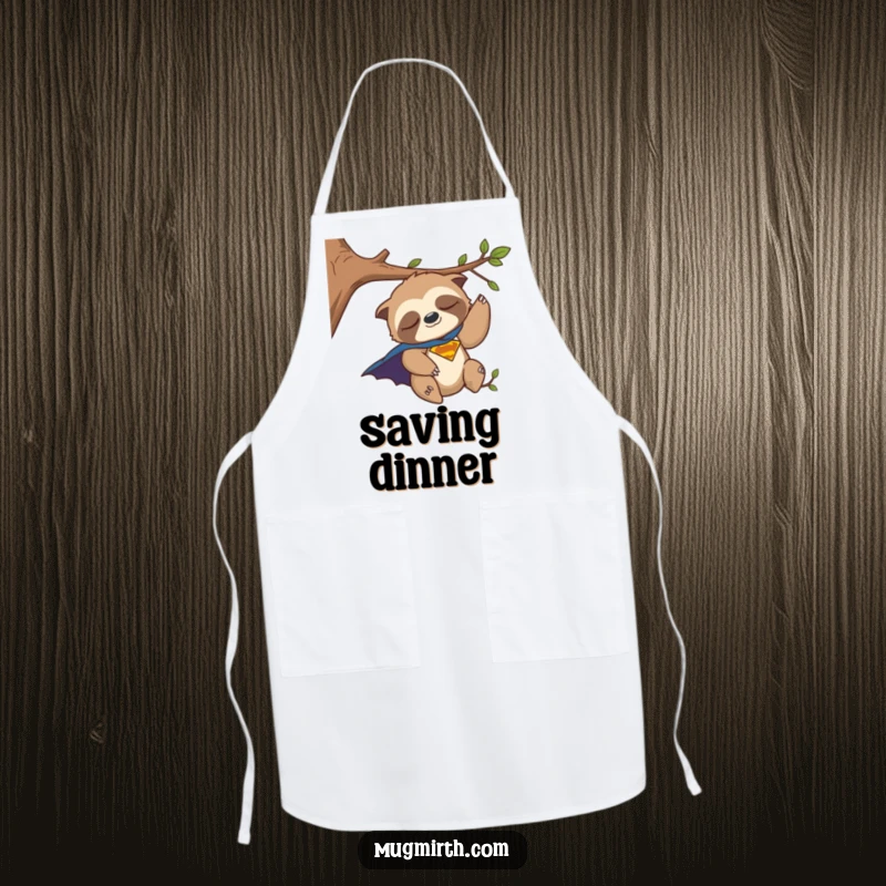 Funny Apron: A sleepy sloth wearing a superhero cape, comically about to fall off its branch while cooking.
