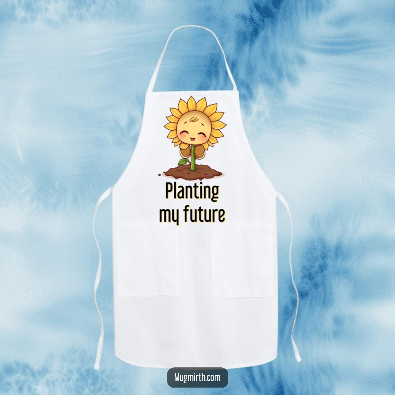 Funny Sprout Apron: A tiny sprout in oversized gloves attempts to plant a giant sunflower seed while wearing an apron.