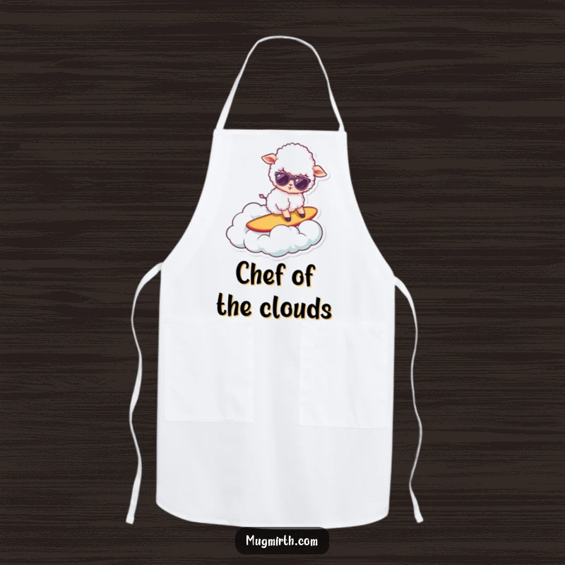 Funny sheep apron, a cool sheep in sunglasses surfing on a cloud, ideal for chefs and home cooks.