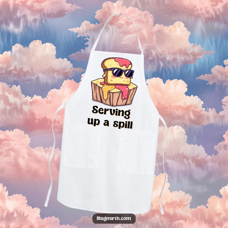 Funny apron showcasing toast wearing sunglasses, humorously falling from a jam cliff, perfect for a funny cooking experience.