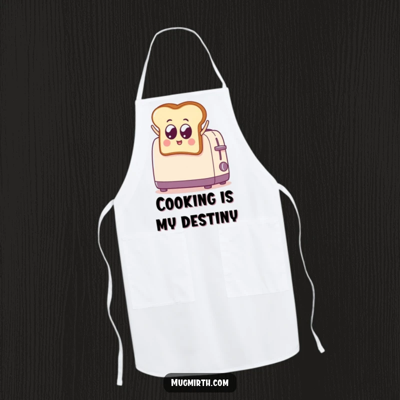 Funny Toast Jumps into Toaster Apron: A humorous cooking apron depicting a googly-eyed toast slice jumping into a toaster. Great for kitchen protection.
