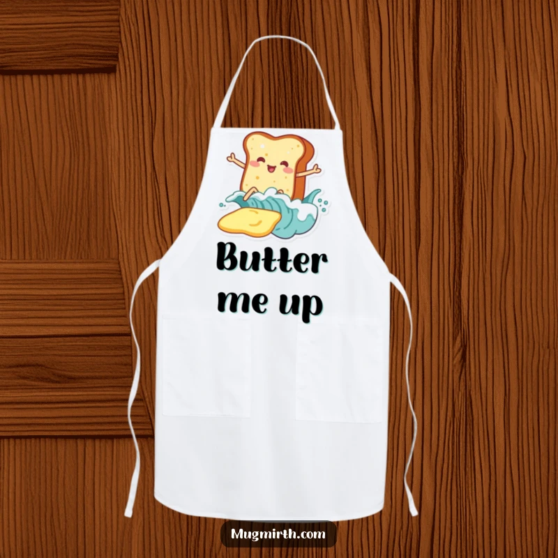 Funny Toast Apron: Chef's apron with toast on legs enthusiastically surfing a giant wave of butter.