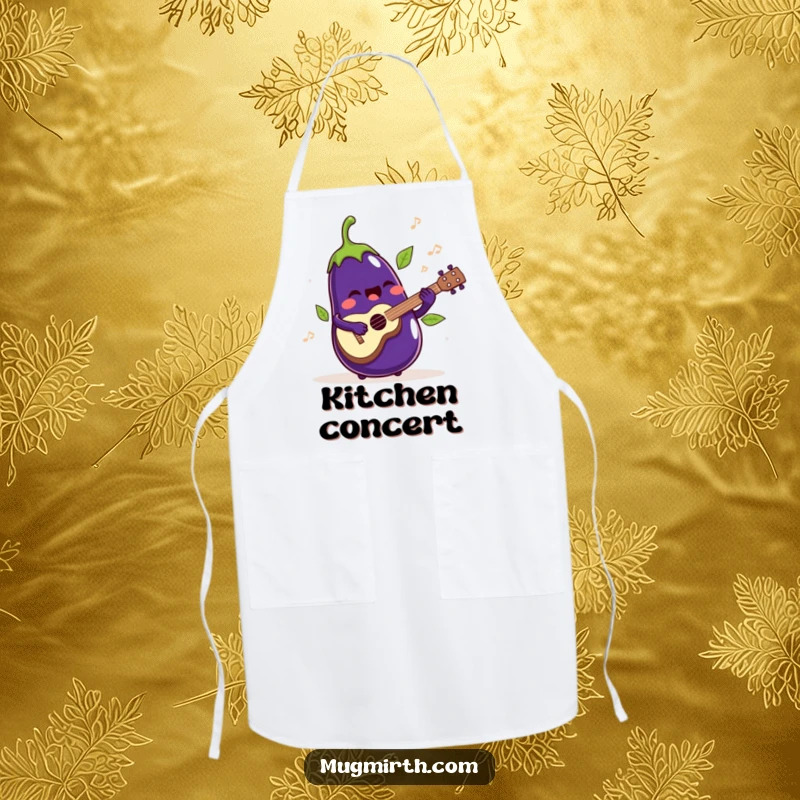 Funny Apron: A singing eggplant playing a ukulele with its leaves jiggling rhythmically.