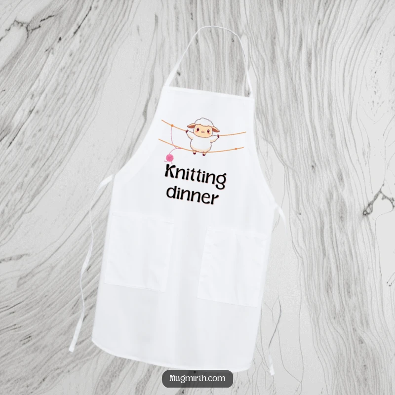 Funny sheep apron, fluffy, walking a tightrope on a clothesline, yarn unraveling, a comical and practical kitchen accessory.