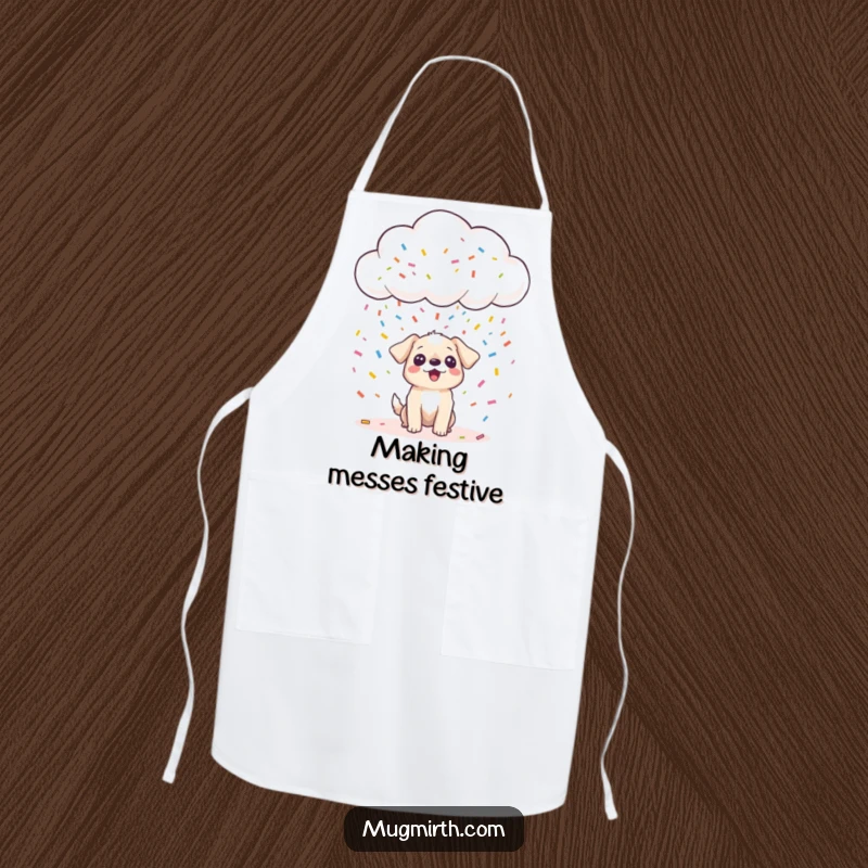Funny happy cloud raining colorful confetti onto a surprised dog, on a kitchen apron, a humorous and festive funny gift.