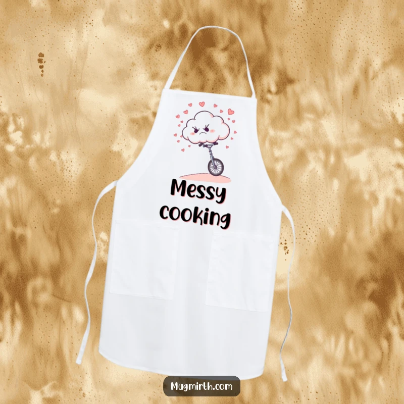 Funny Apron: A grumpy cloud humorously riding a unicycle downhill, raining small hearts.