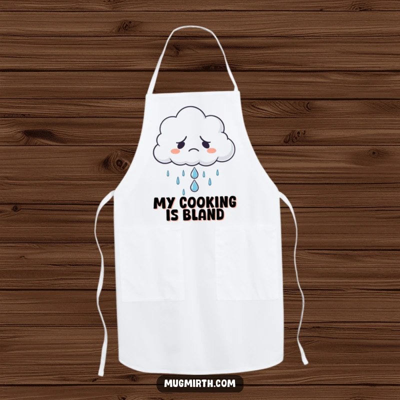 Funny grumpy cloud refusing to rain, offering a sad raindrop, on a kitchen apron, a humorous and practical funny gift.