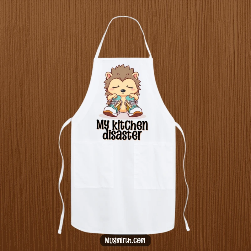 Funny Sleepy Hedgehog Apron: A confused hedgehog fumbles with oversized sneakers, ready for kitchen duty.