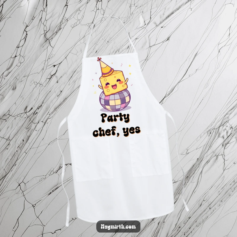 Funny Disco Cheese Apron: A cheese wedge with a party hat spins wildly on a disco ball, culinary fun.