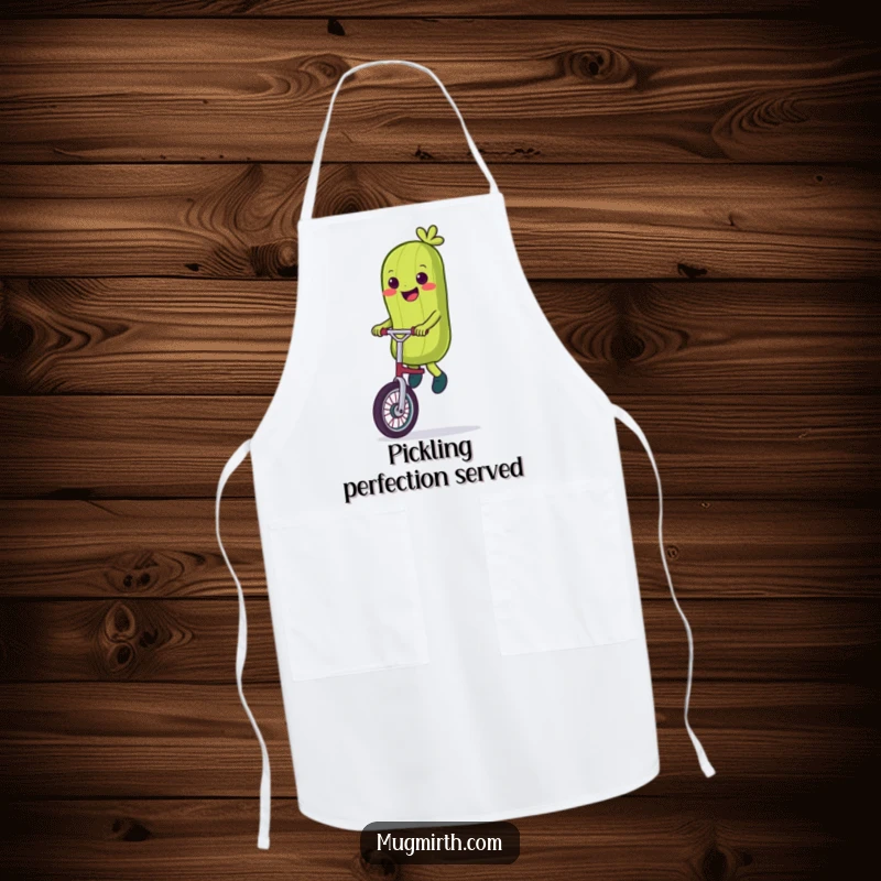 Funny Apron: Kitchen wear depicting a smiling pickle wobbling on a unicycle.