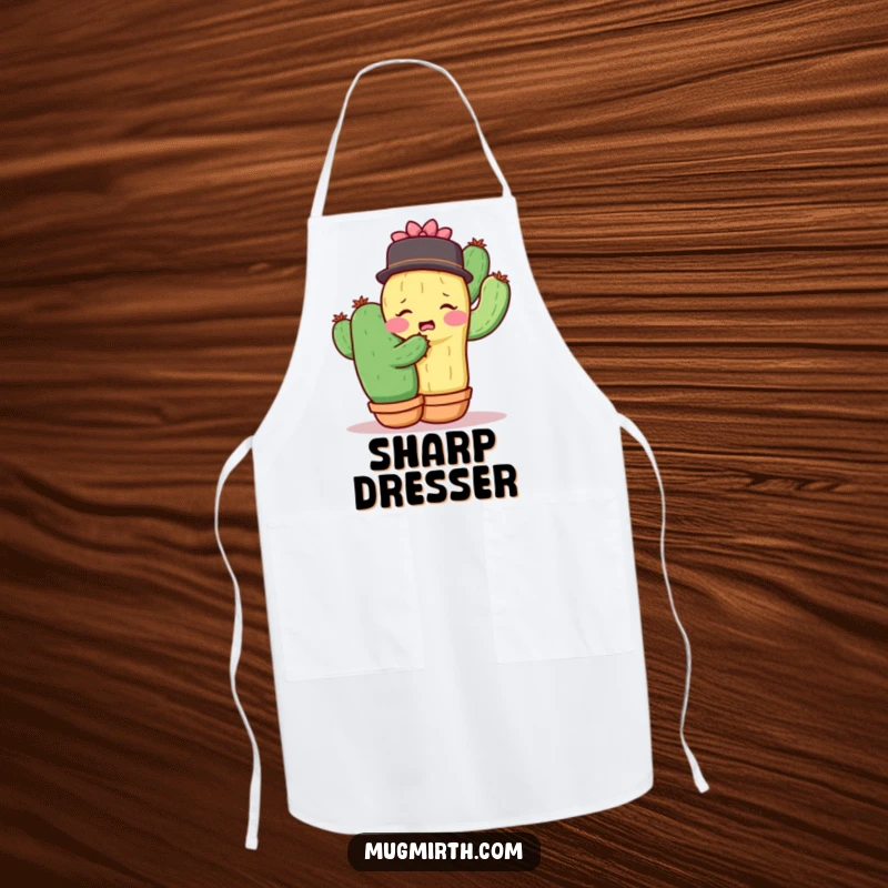 Funny shy cactus recoiling from a hug, a humorous apron for kitchen boundaries.