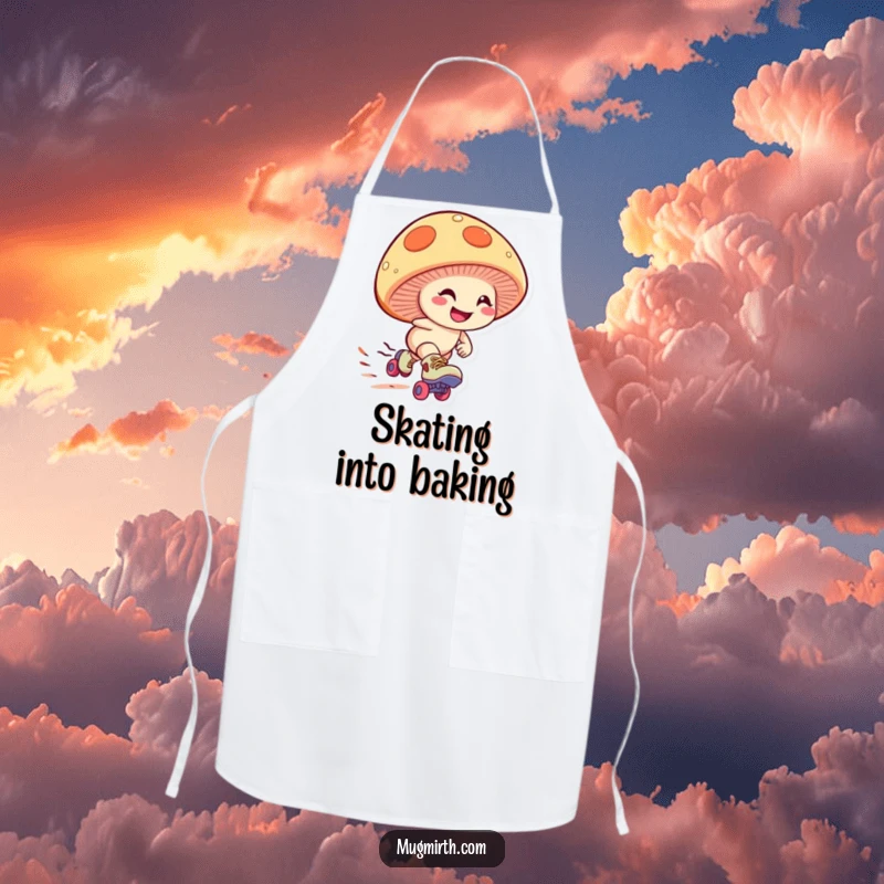 Funny mushroom apron showing a giggling fungus wearing roller skates, zooming downhill with a determined grin, a humorous and functional kitchen accessory.