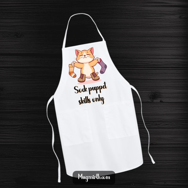 Funny apron graphic: a bewildered cat in oversized boots tries to juggle three socks, perfect for a humorous cook.