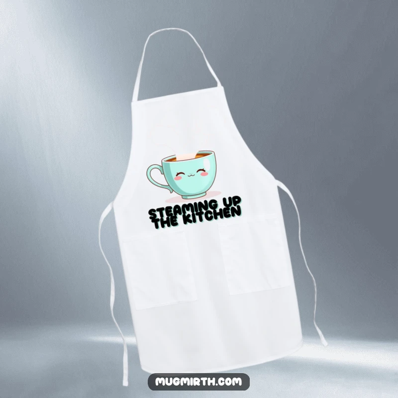 Funny teacup apron, a sentient cup blowing steam bubbles, ideal for chefs and home cooks.