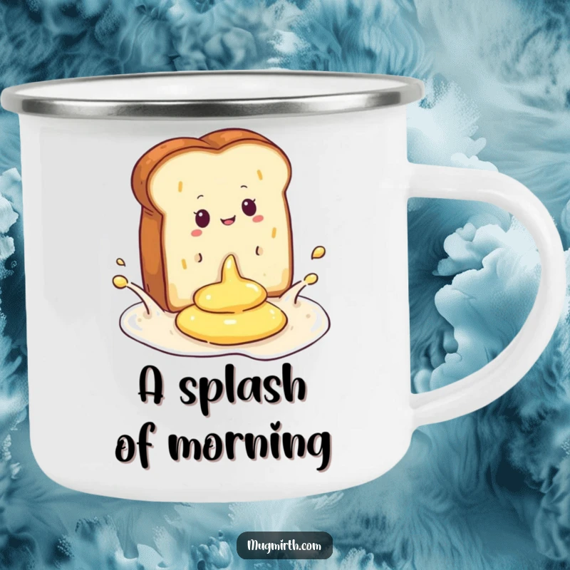 Funny camping mug with a dramatic toast and butter splash illustration, designed for outdoor enthusiasts who love a laugh.