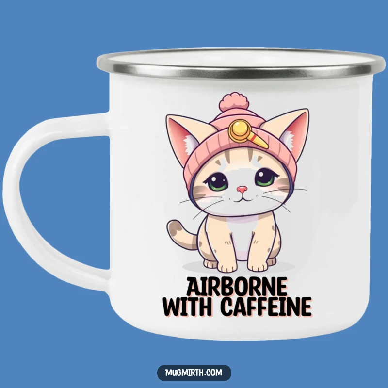 Funny Flying Cat Camping Mug: Propeller Beanie enamel mug, a hilarious gift for outdoor adventures.
