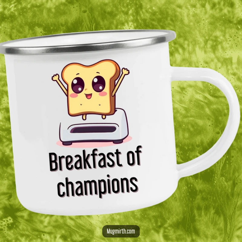 Funny camping mug: toast with wide eyes dramatically leaps from a toaster, perfect for adventurous mornings.