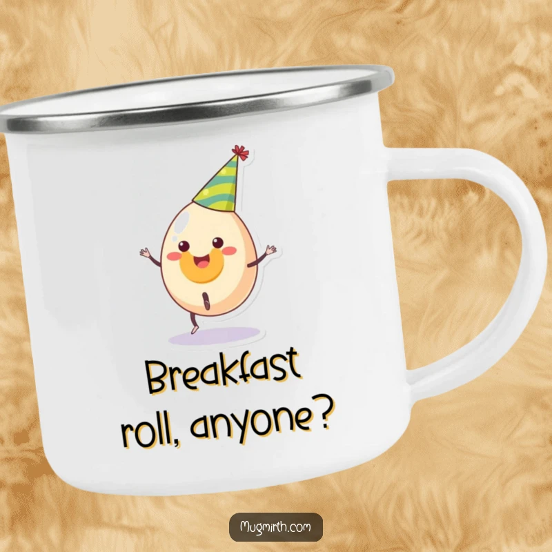 Funny camping mug with a smiling egg in a party hat attempting a cartwheel, a humorous gift for outdoor enthusiasts.