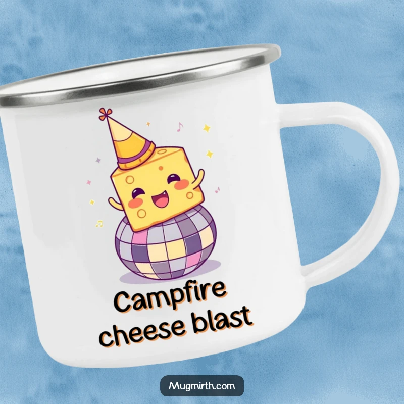 Funny Disco Cheese Camping Mug: A cheese wedge in a party hat spins on a disco ball, ready for adventure.