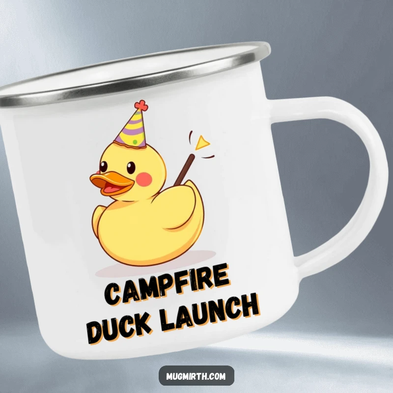Funny camping mug: a rubber duck party hat launches from a slingshot, ready for outdoor fun.