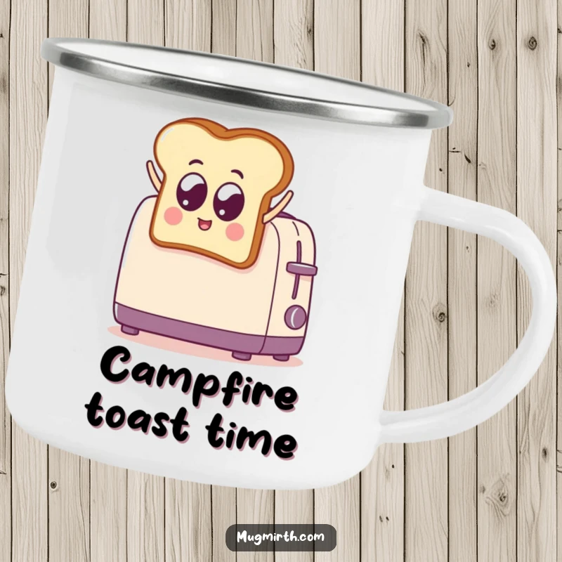 Funny Toast Jumps into Toaster Camping Mug: A durable enamel mug with a funny design of a toast slice jumping into a toaster. For outdoor use.