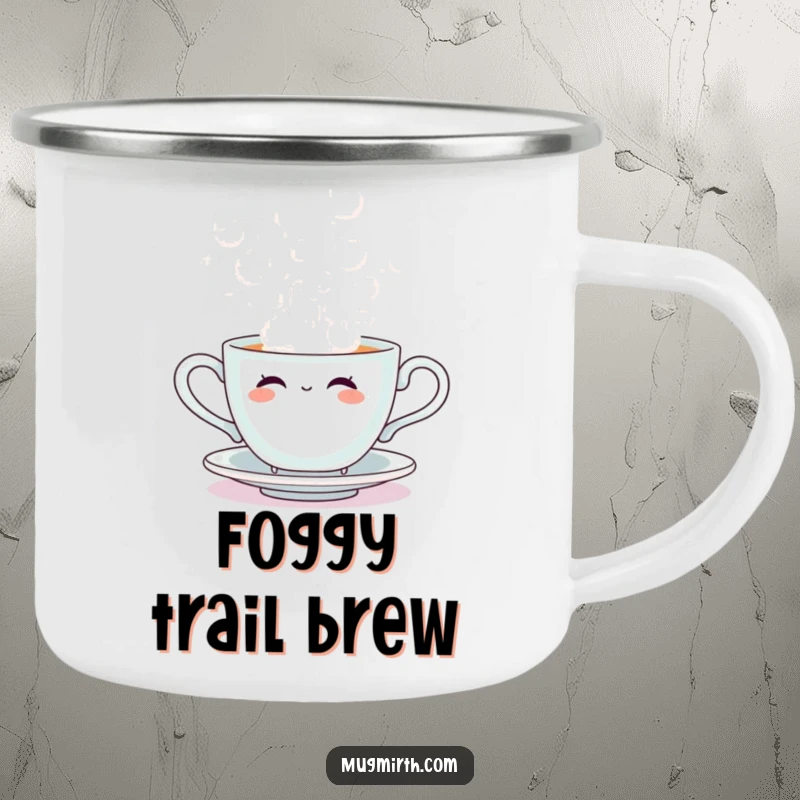 Funny camping mug with a happy sentient teacup blowing big steam bubbles, perfect for outdoor enthusiasts who love humor.