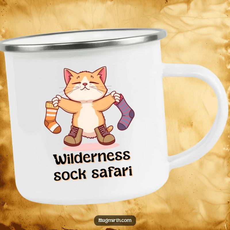 Funny camping mug: a bewildered cat in large boots juggles socks by the campfire, ready for outdoor fun.
