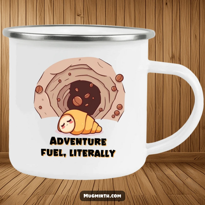 Funny camping mug showing a sleepy croissant humorously entering a wormhole, guided by a coffee bean, great for outdoor coffee.