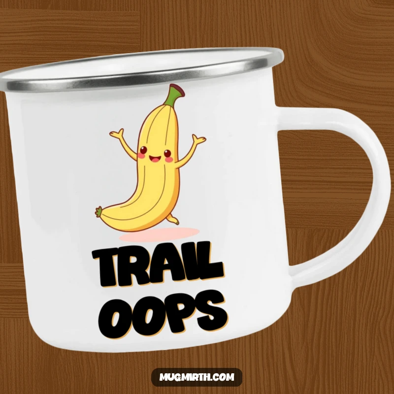 Funny dancing banana slipping on a peel with a smile, a humorous camping mug.