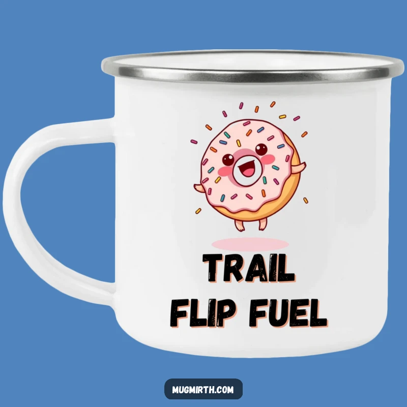 Funny Donut Cartwheel Camping Mug - Hilarious Sprinkled Pastry Enamel Cup Gift