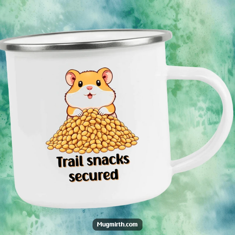 Funny proud hamster enamel camping mug, displaying a huge pile of sunflower seeds, for hilarious outdoor sipping.