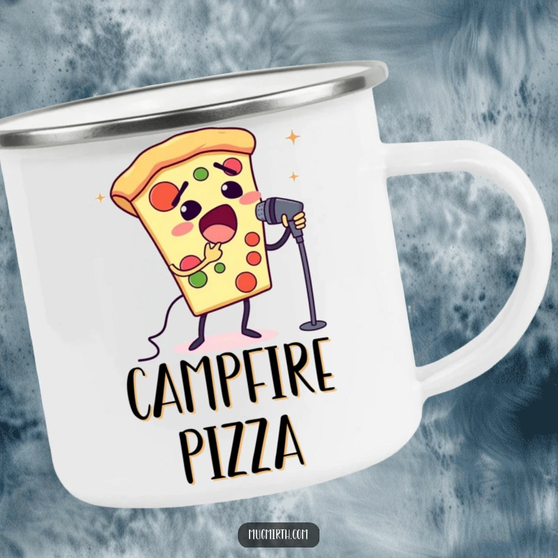 Funny opera pizza camping mug with a slice of pizza singing opera. Durable and humorous outdoor drinkware.