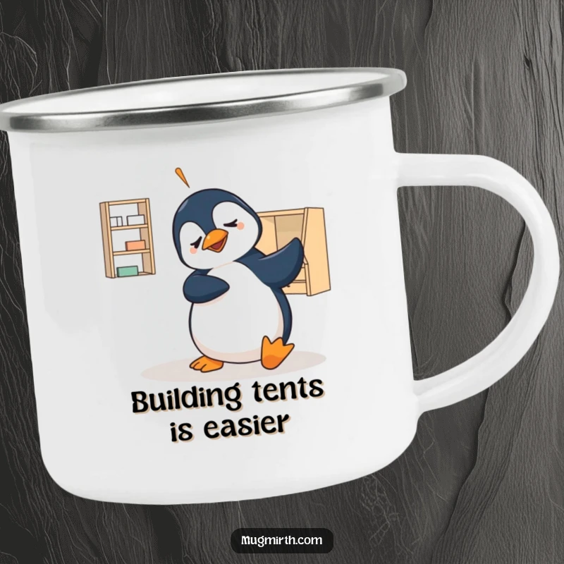 Funny camping mug with a perplexed penguin attempting to assemble flat-pack furniture, a humorous gift for outdoor lovers.