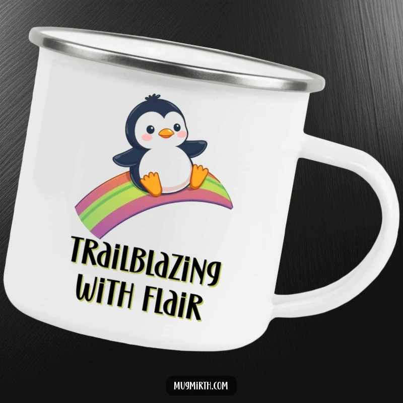 Funny Camping Mug: An enamel mug showing a penguin joyfully sliding down a bright rainbow.